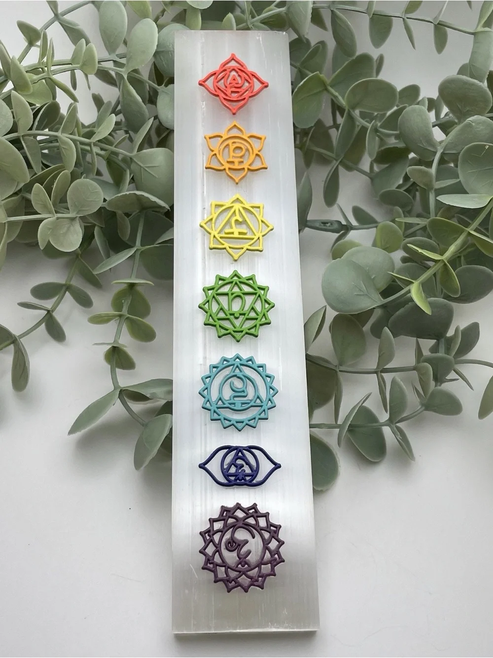 Chakra Selenite Charging Plate with Multicolor Chakra Symbols
